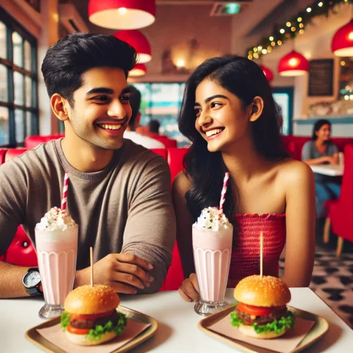 DALL·E-2024-12-01-13.15.31-A-young-Indian-couple-enjoying-milkshakes-and-burgers-at-a-cozy-cafe-with-red-and-white-interior-design.-The-scene-features-the-couple-smiling-and-cha.webp