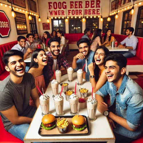 DALL·E-2024-12-01-13.25.56-A-group-of-Indian-college-students-laughing-and-enjoying-milkshakes-and-burgers-at-a-vibrant-cafe-with-red-and-white-interior-design.-The-scene-shows-.webp